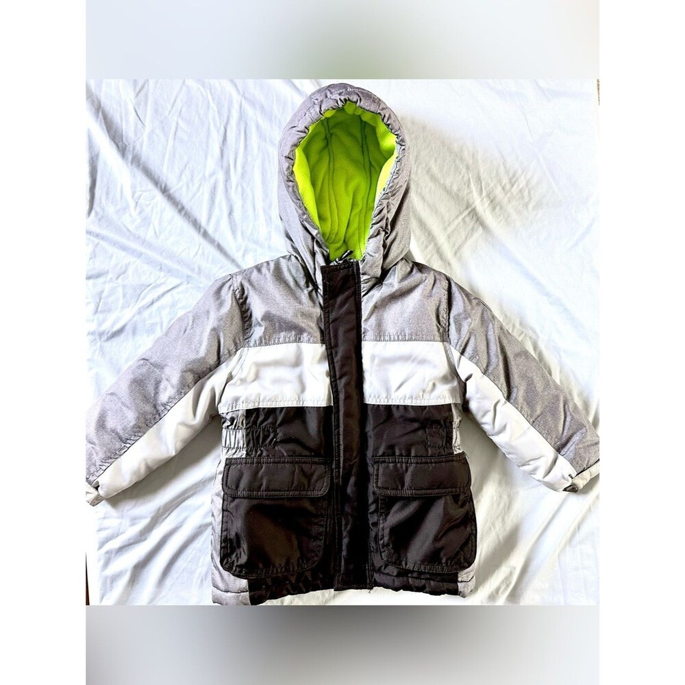 OshKosh B’gosh Boys Size 4 Winter Coat Gray Black Colorblock Neon Fleece Hood